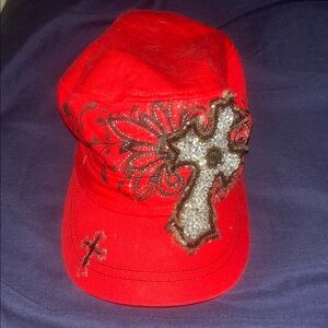 Red Cap with Embellished Cross Design